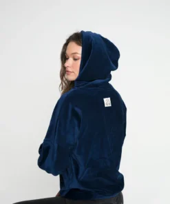 Woman wearing Navy Mons Bons Velvet Oversized Hoodie